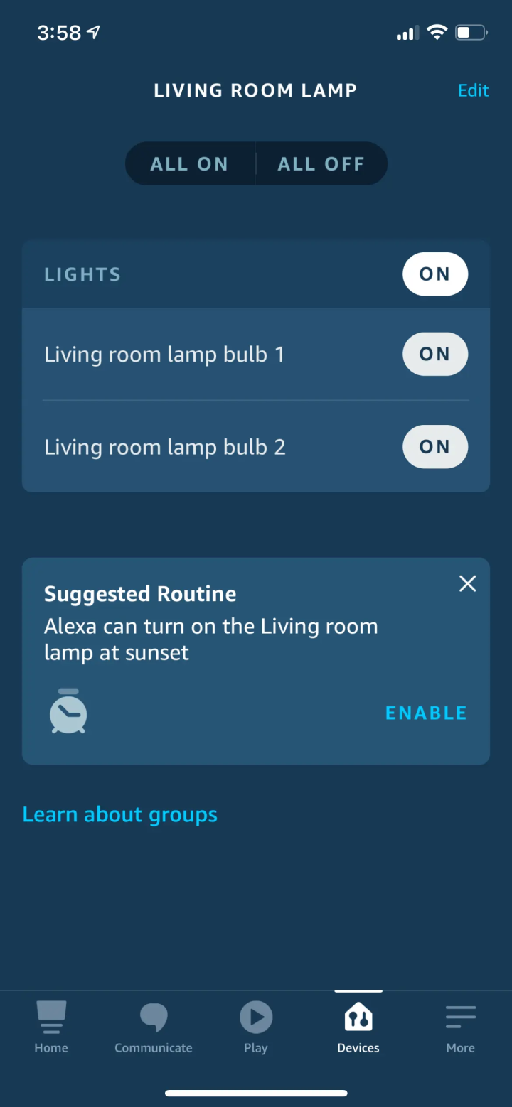 The Alexa group of my two bulbs only seems to offer ON/OFF functionality