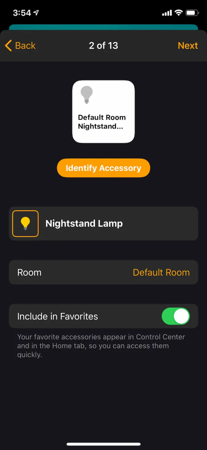 The HomeKit device settings