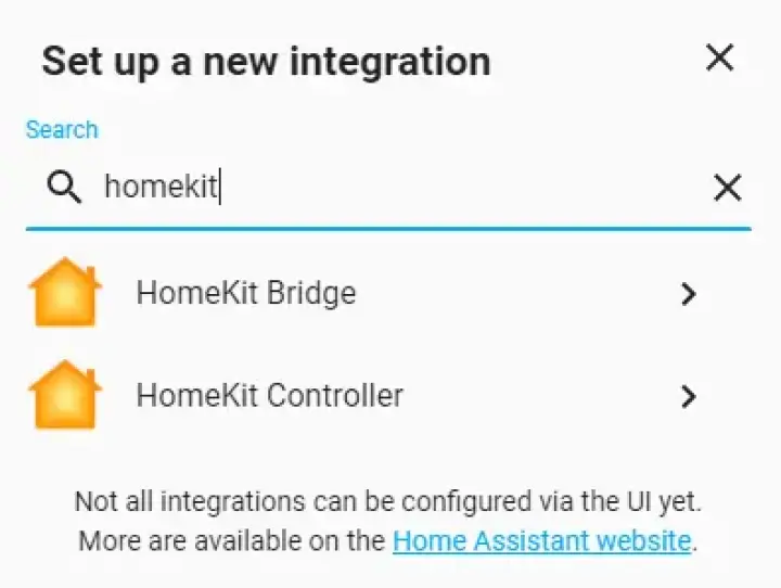 In the setup integration window, filter by Homekit