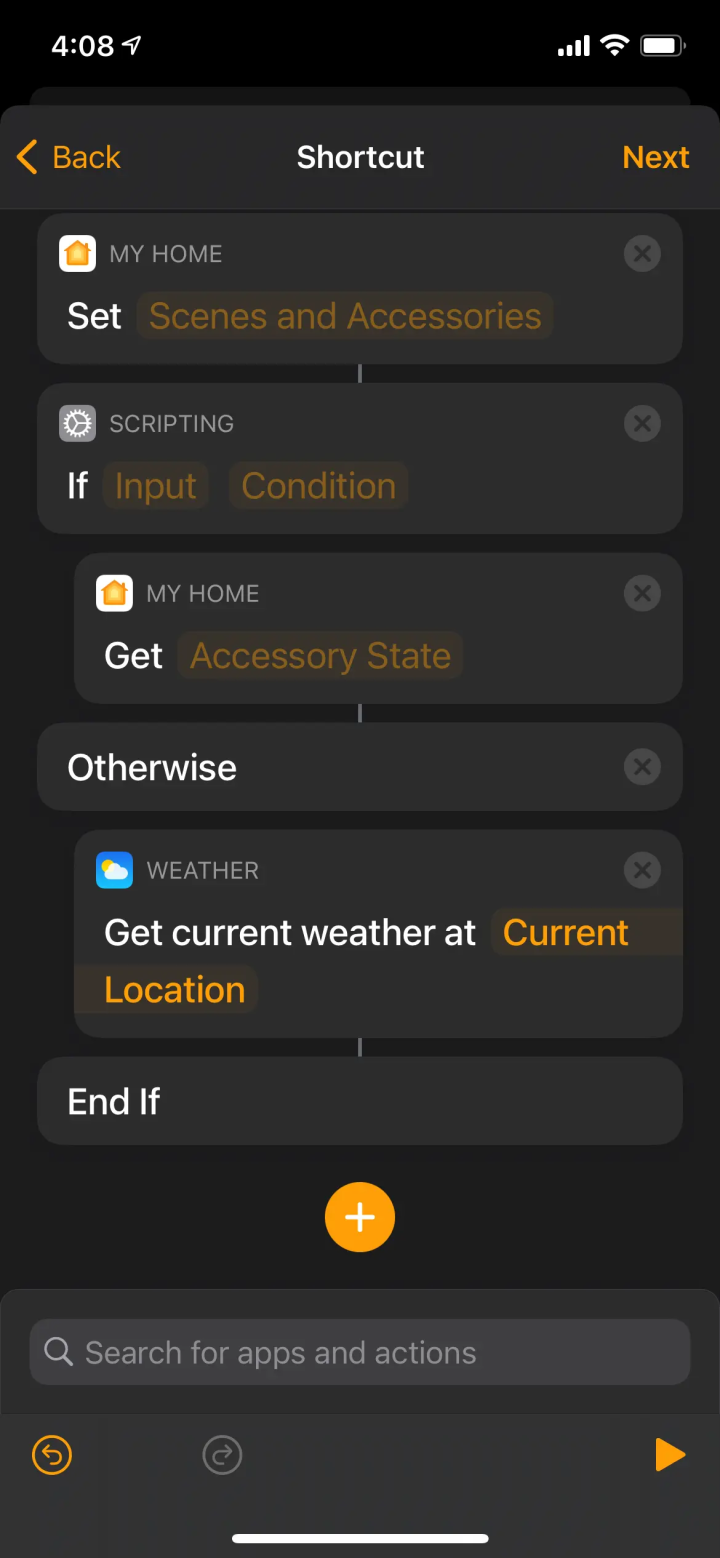 HomeKit Shortcut automation creation screen