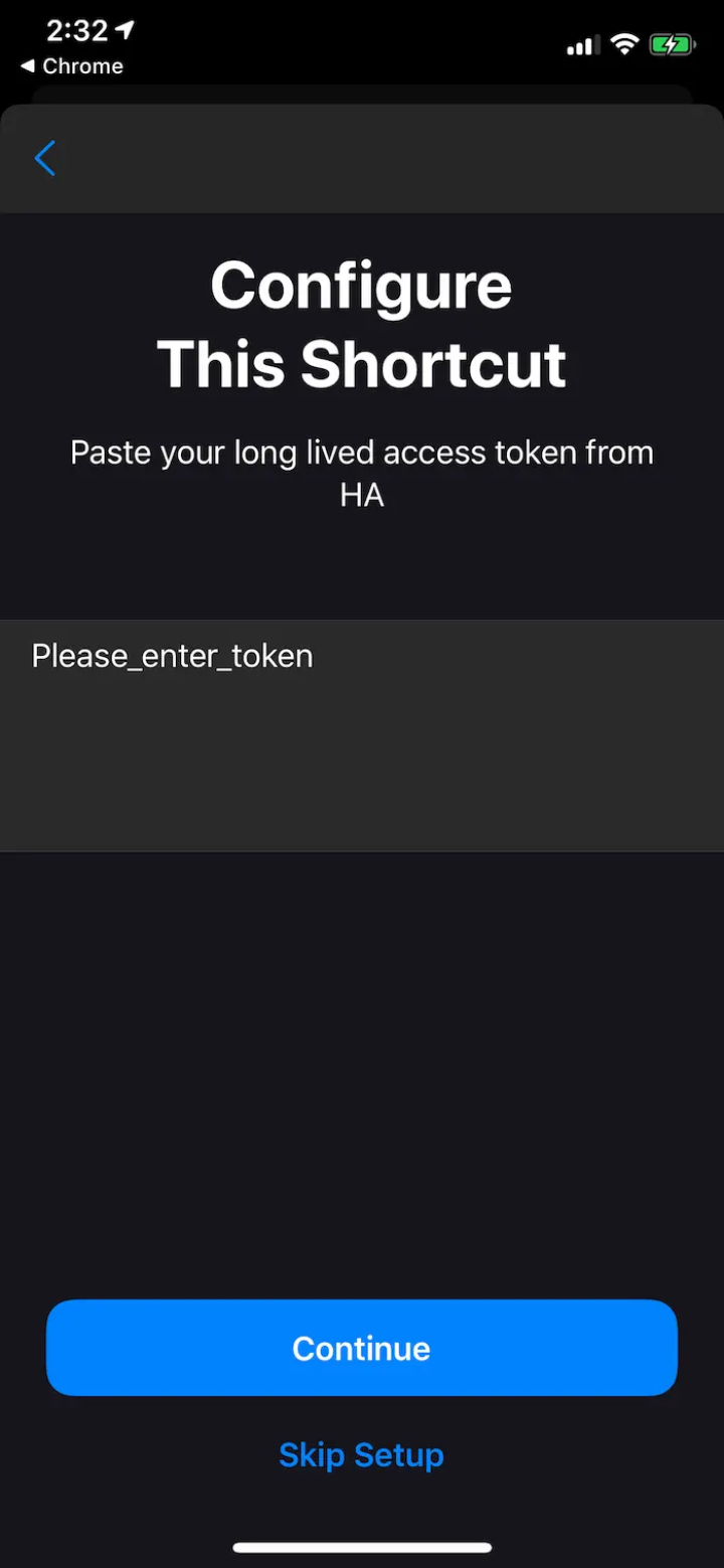 Configure token screen