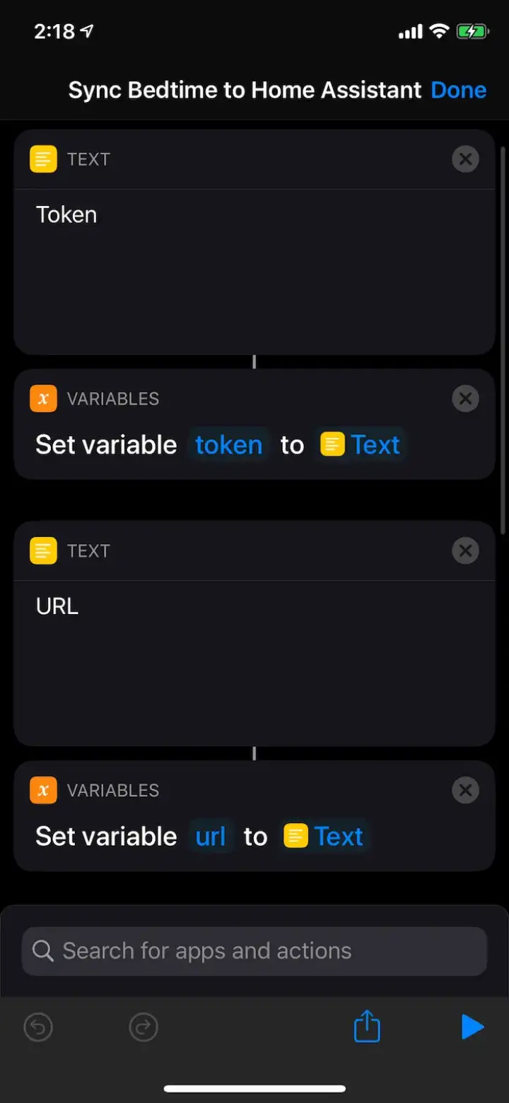 The first half of the Shortcuts flow