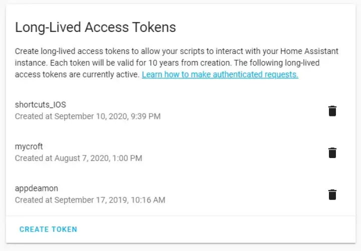 The Home Assistant Long Lived Token page