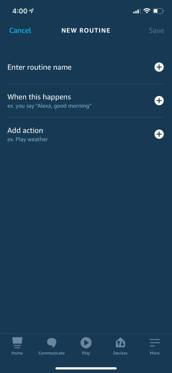 The New Routine page of the Alexa app