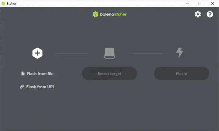 The initial launch screen of balenaEtcher
