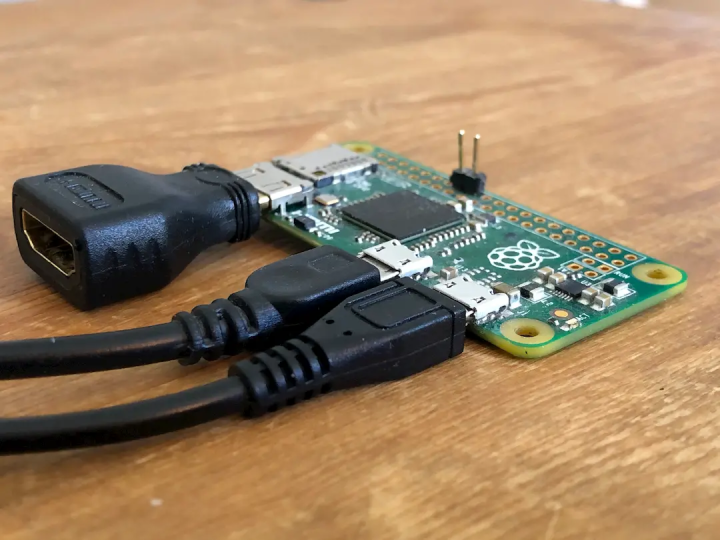 The Pi Zero with all of the required adapters plugged in